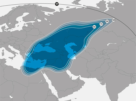 Zones de couverture du satellite ASTRA 1G en bande KU (Europe de l'Ouest)