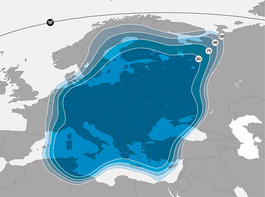 Zones de couverture du satellite ASTRA 1G en bande KU (Europe de l'Est et Russie)