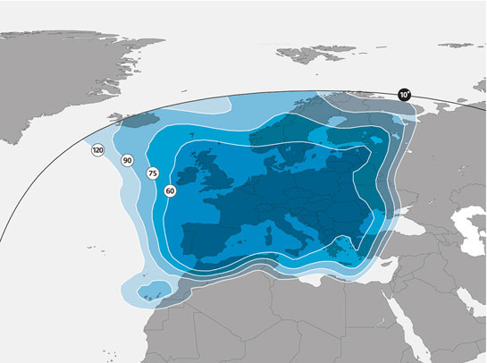 Zone de couverture en bande KU du satellite ASTRA 1L