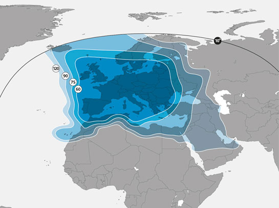 Zone de couverture en bande KU (large) du satellite ASTRA 1M