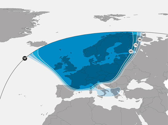Zone de couverture Europe du nord du satellite ASTRA 2A