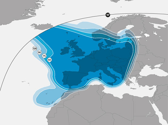 Zone de couverture Europe du sud du satellite ASTRA 2A