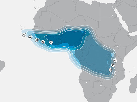 Zone de couverture Afrique de l'Ouest (KU) du satellite ASTRA 2F