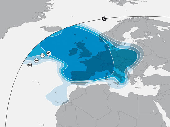 Zone de couverture Europe (KU) du satellite ASTRA 2F