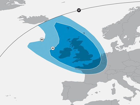 Zone de couverture Royaume Uni (KU) du satellite ASTRA 2F