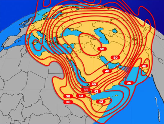 Zones de couverture du satellite Hellas Sat 2