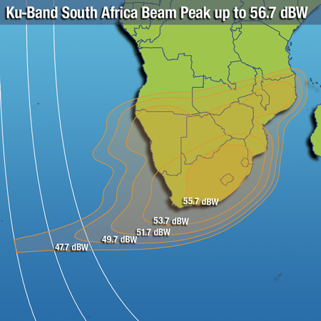 Zone de couverture en bande C (faisceau Afrique du Sud) du satellite Intelsat 20