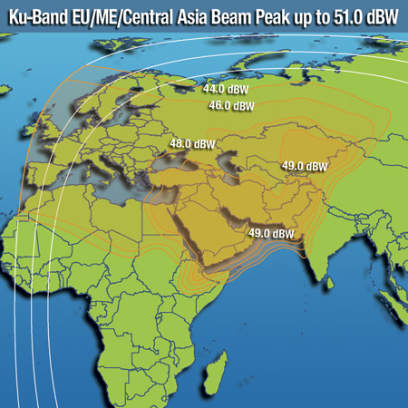 Zone de couverture en bande KU (faisceau Europe / Moyen-Orient / Asie Centrale) du satellite Intelsat 20