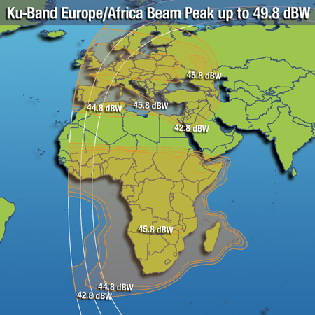 Zone de couverture en bande KU (faisceau Europe / Afrique) du satellite Intelsat 20