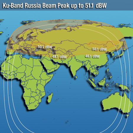 Zone de couverture en bande KU (faisceau Russe) du satellite Intelsat 20